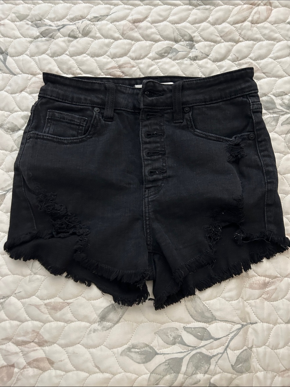 Black Distressed High-Waist Denim Shorts